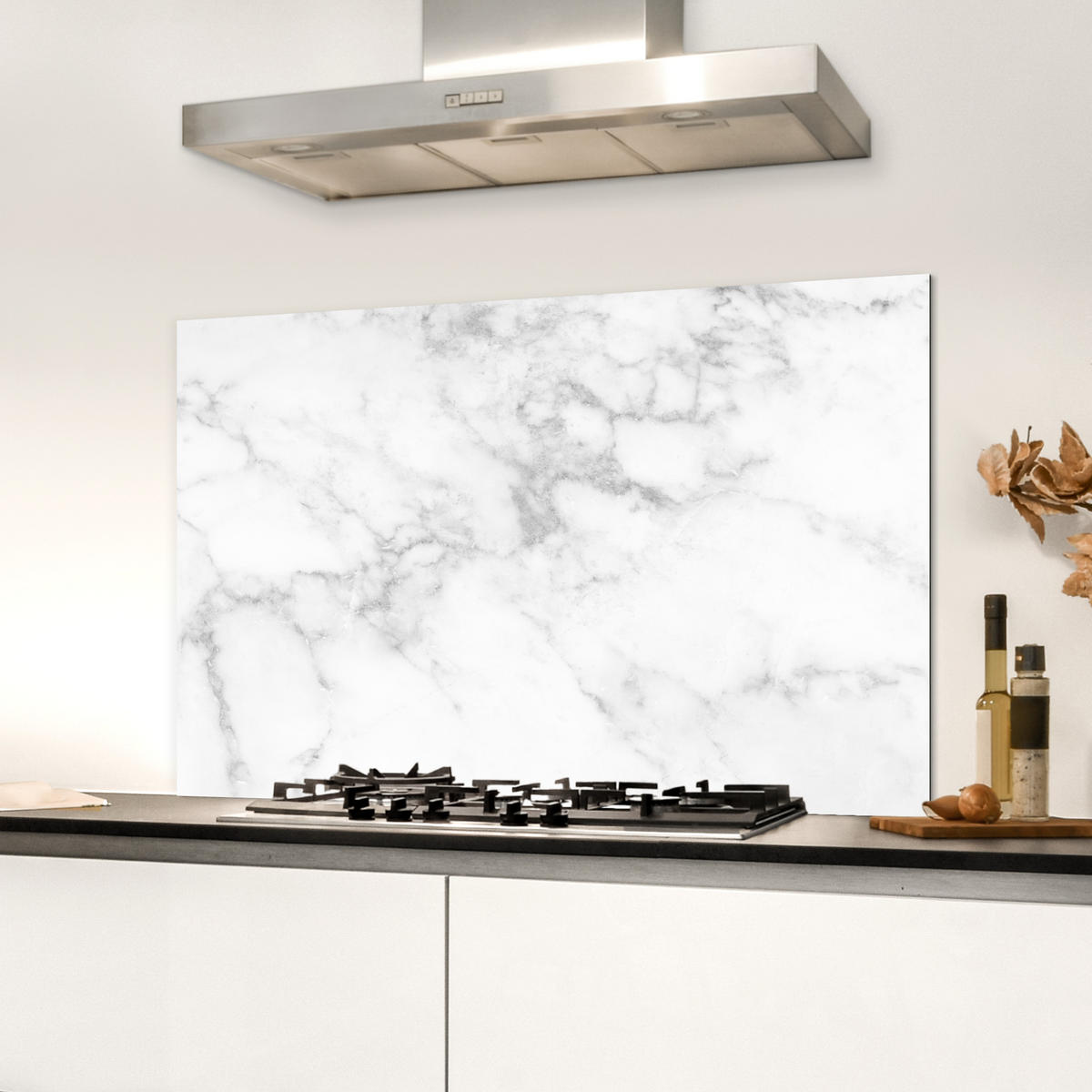 SPRITZSCHUTZ KÜCHE Marmor - Grau - Weiß - Strukturierter Marmor 90x60 cm - Weiß, Metall (90/0.3/60cm) - MuchoWow