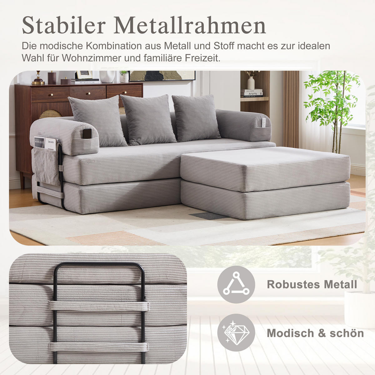 ECKSOFA Cord Hellgrau mit Hocker und Kissen - Hellgrau, Textil/Metall (218/285cm) - WISHDOR