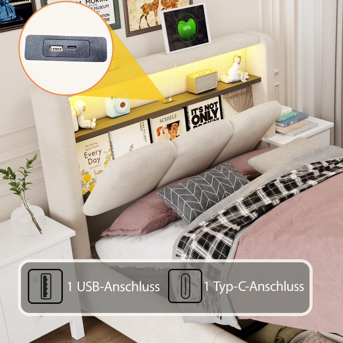 POLSTERBETT aus Samt 90x200 cm Beige mit LED, USB-/Typ-C-Anschluss und hydraulischem Stauraum - Beige, Textil (90/200cm) - Modfu