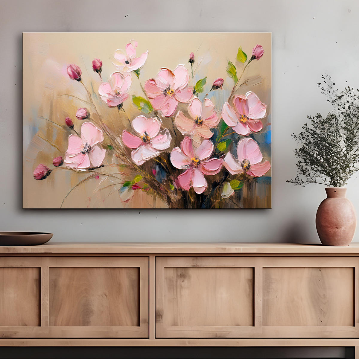 WANDBILD puderrosa blumen bemalte pflanzen - Pink, Textil (60/40cm) - Feeby