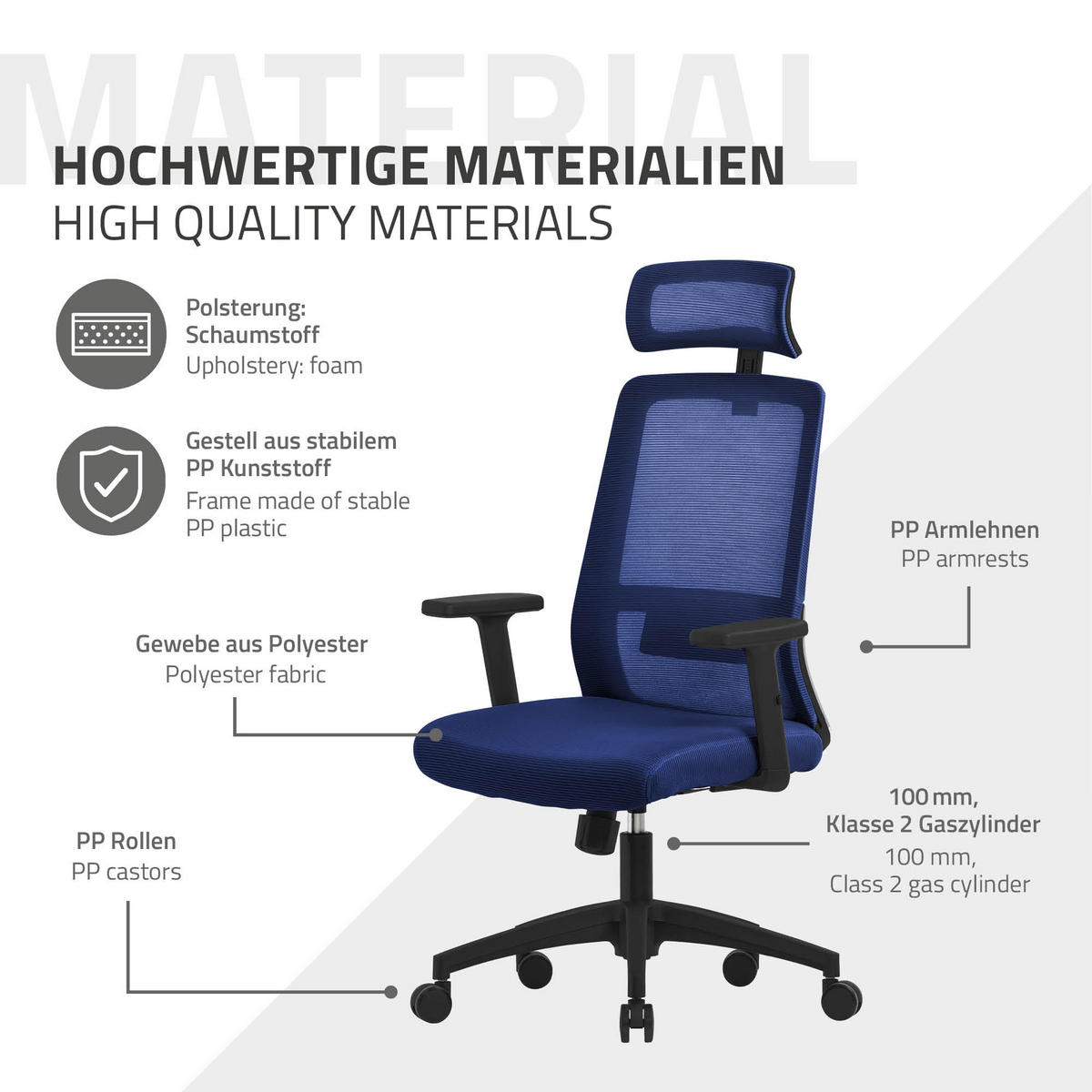 SCHREIBTISCHSTUHL Surpreme navy - Blau, Kunststoff (66/123/68cm) - ML-DESIGN
