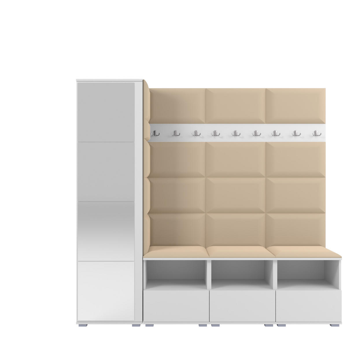 GARDEROBE NELA IX 200 cm (Modulare Flurmöbel Weiß mit Spiegel & Sitzpolster Beige 04 Breite Sitzbank) - Beige/Silberfarben, Holz/Holzwerkstoff (200/187/40cm) - Ravio