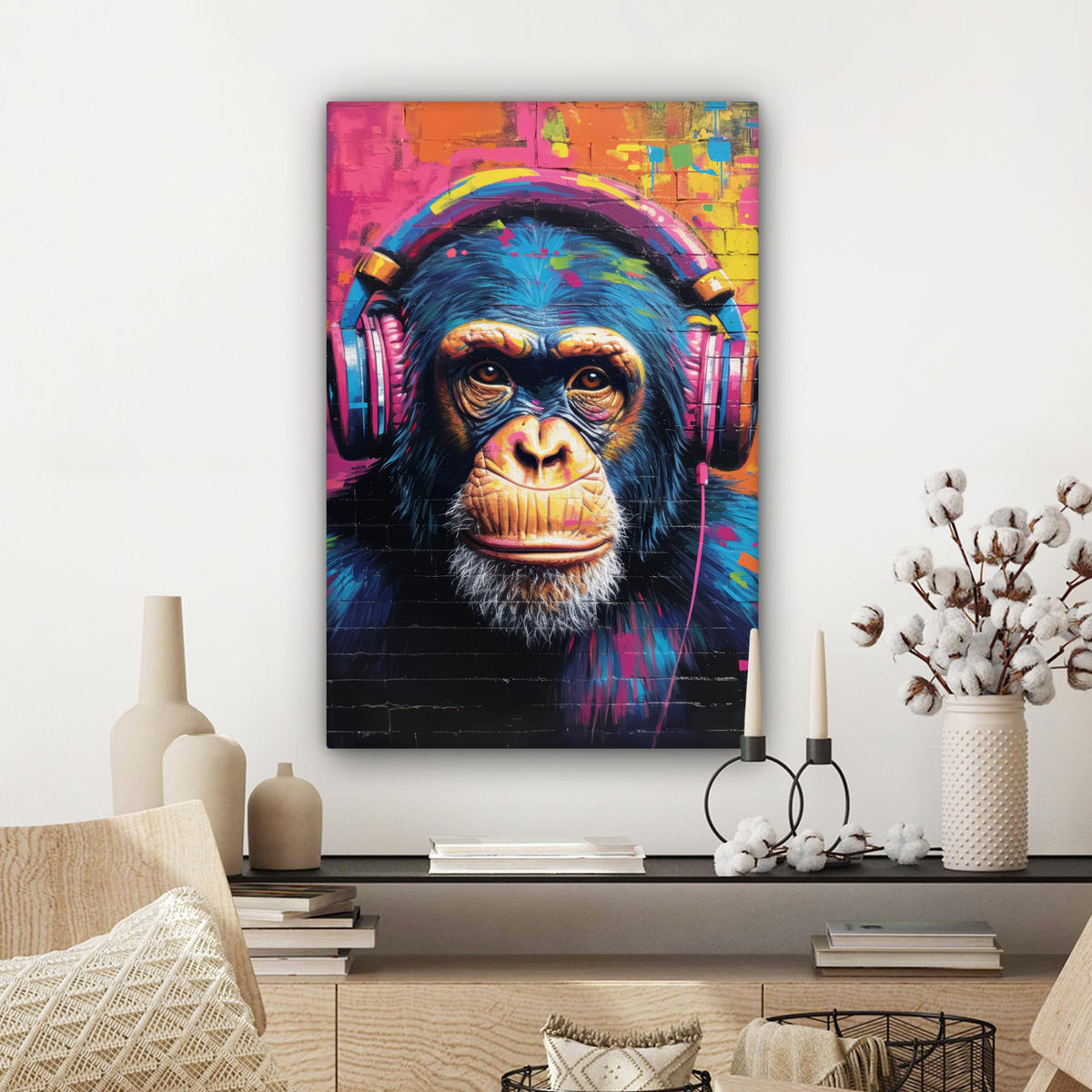 LEINWANDBILD Graffiti - Schimpanse - Straßenkunst - Kopfhörer - Affe Wanddeko Schlafzimmer 60x90 cm - Blau, Textil (60/90cm) - MuchoWow