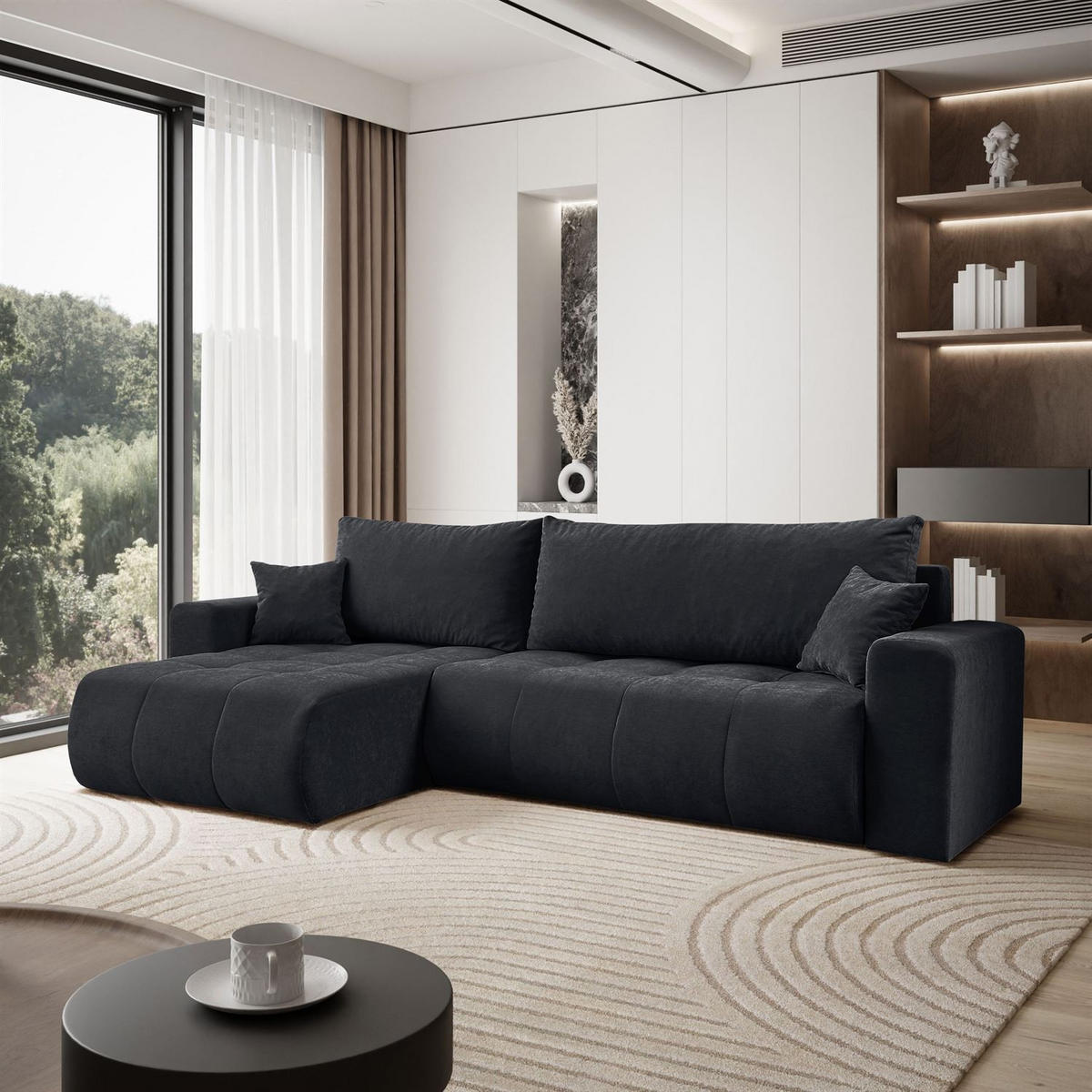 ECKSOFA Gepolstertes CLOUD mit Schlaffunktion und Bettkasten, Wind 99 - Schwarz, Textil (277/143cm) - Lookway