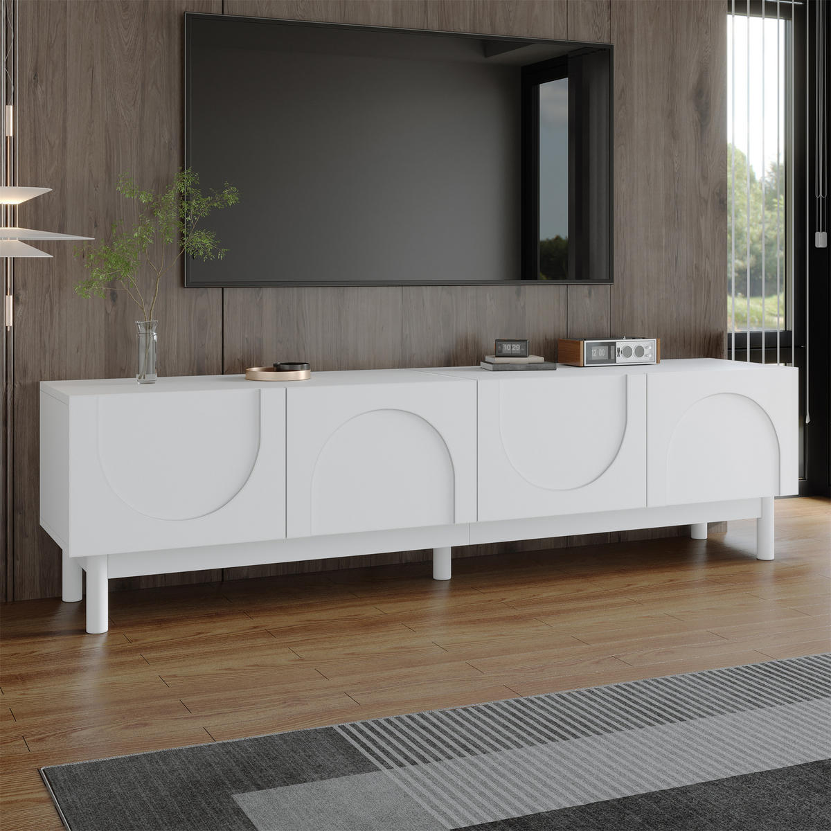 TV-ELEMENT169X34X45,5CM SchwarzWeiß Grifflos mit 4 Wellenförmigen Türen - Weiß, Holz (43.18/23.62/98.43cm) - Raelunyi
