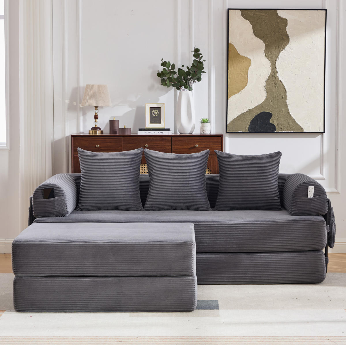 ECKSOFA aus Cord 200x190x67 cm Dunkelgrau mit Hocker, Seitentasche und 3 Kissen - Dunkelgrau, Textil (200/190cm) - Modfu