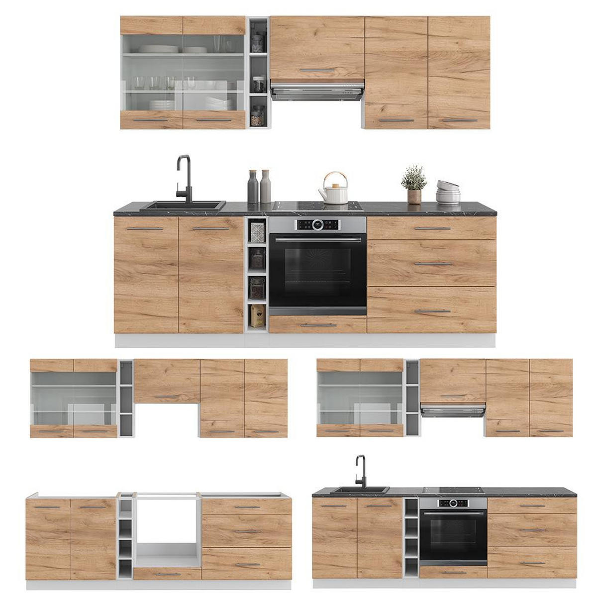 KITCHENETTE Fame-Line Stejar Goldkraft/alb 235 cm fara blat - stejar miere/alb, compozit lemnos (235/206.8/51.6cm) - Vicco
