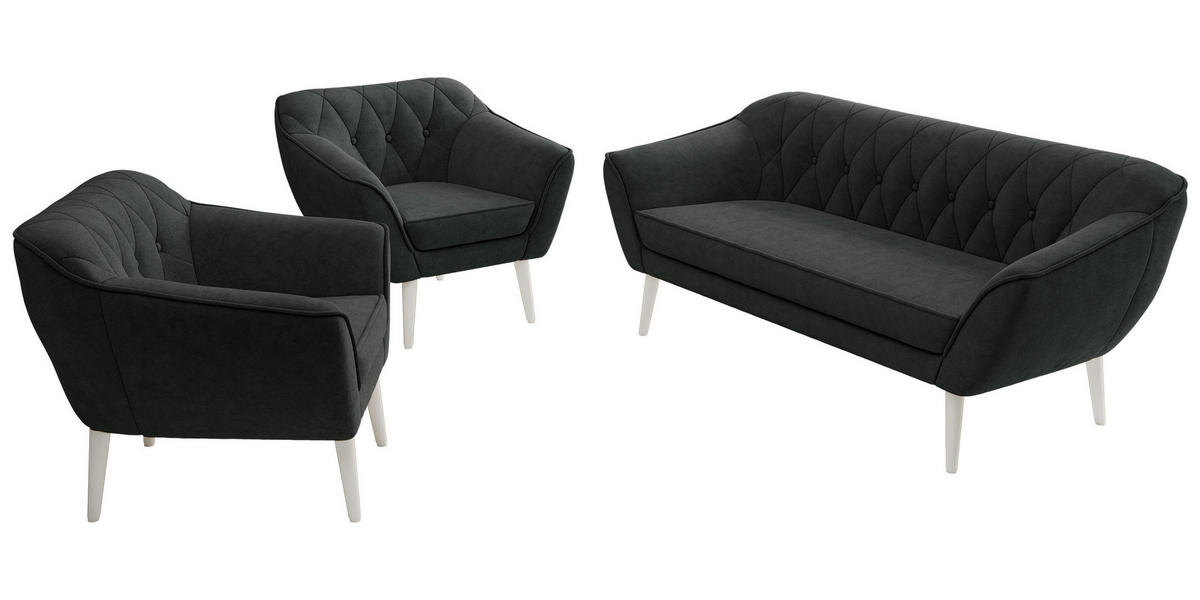 SEDACIA ZOSTAVA 3+1+1 PIRS - Tmavosivá Štruktúrovaná látka - Biele nohy - biela/grafitová, kompozitné drevo/textil (180/75/74cm) - MKS
