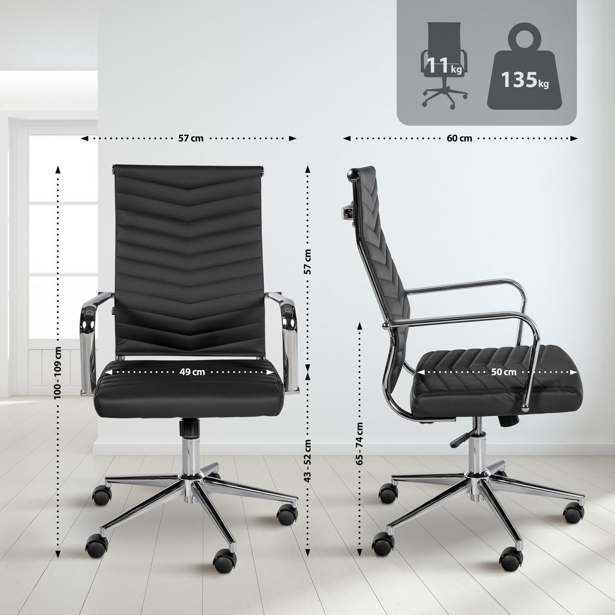 DREHSTUHL Lederlook Schwarz - Chromfarben/Schwarz, Textil/Metall (57/100/60cm) - CLP