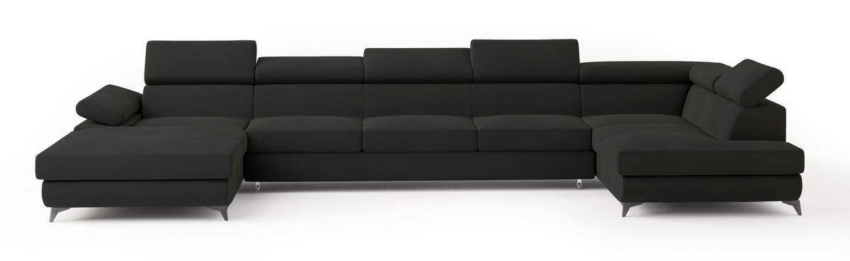 WOHNLANDSCHAFT MONTIVA Schwarz Velours-Stoff mit Schlaffunktion - Schwarz, Holz (410/89/190cm) - MASSENO