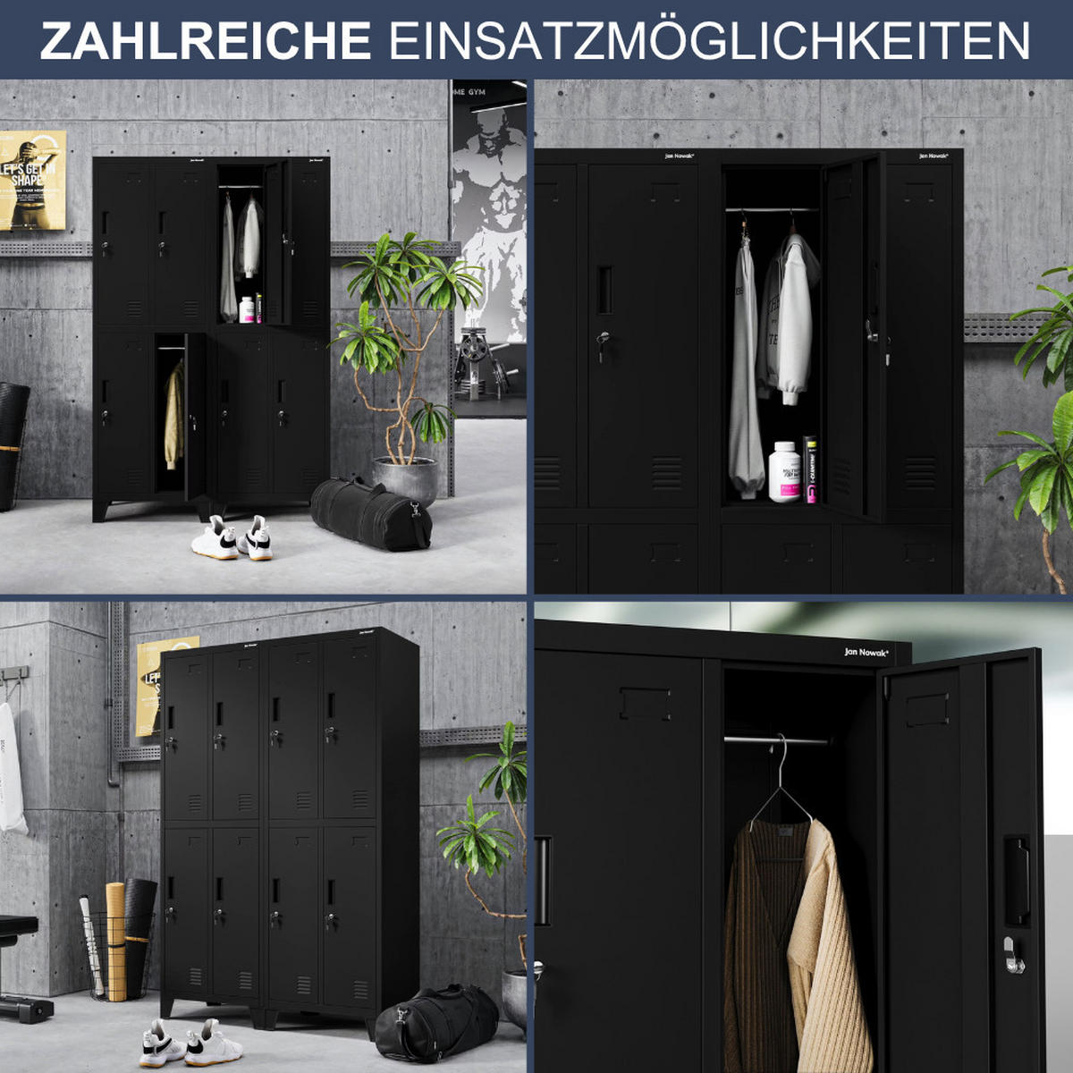 UMKLEIDESCHRANK Spind BARTEK 4 Abteile 172x55,9x45cm Schwarz - Schwarz, Metall (55.9/172/45cm) - Jan Nowak