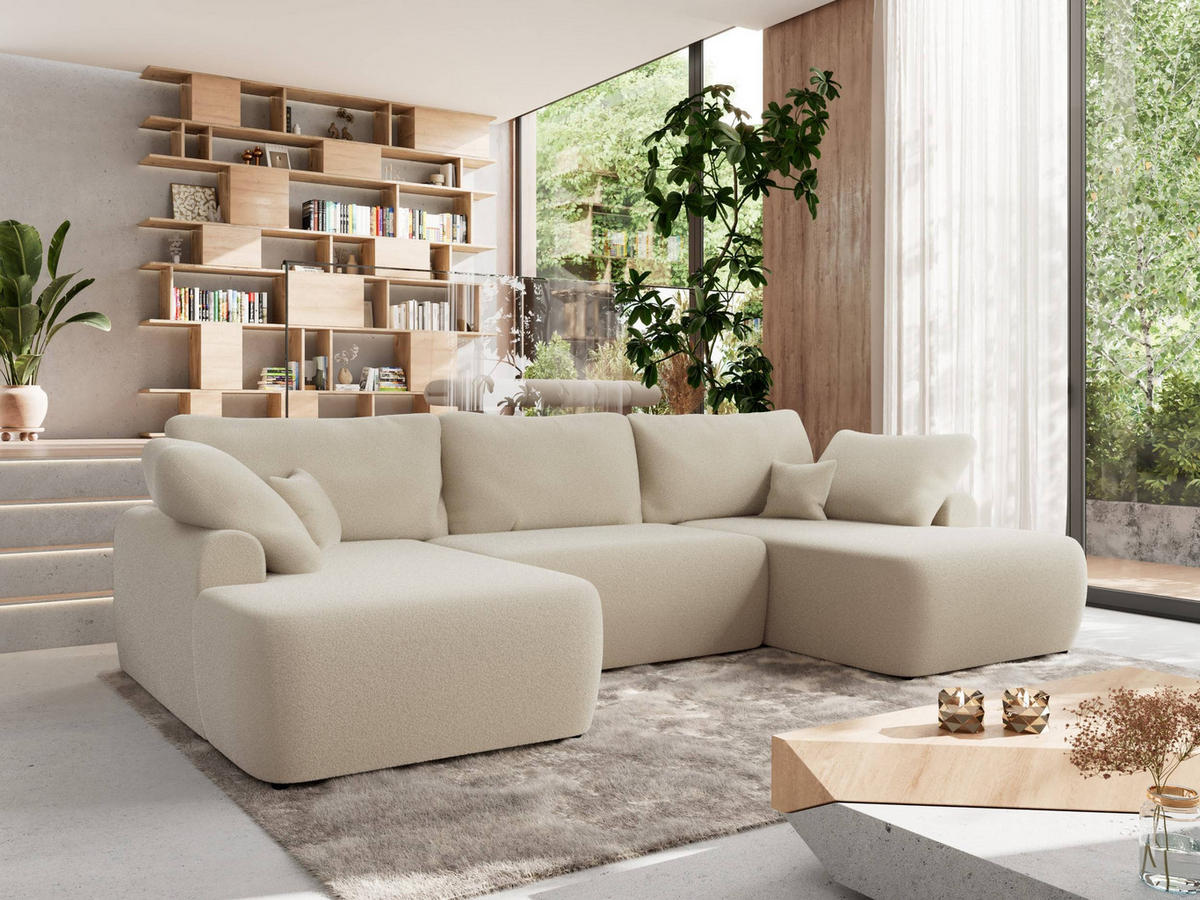 WOHNLANDSCHAFT CUBO U Beige Boucle - Beige/Schwarz, Kunststoff/Textil (370/100/187cm) - MKS