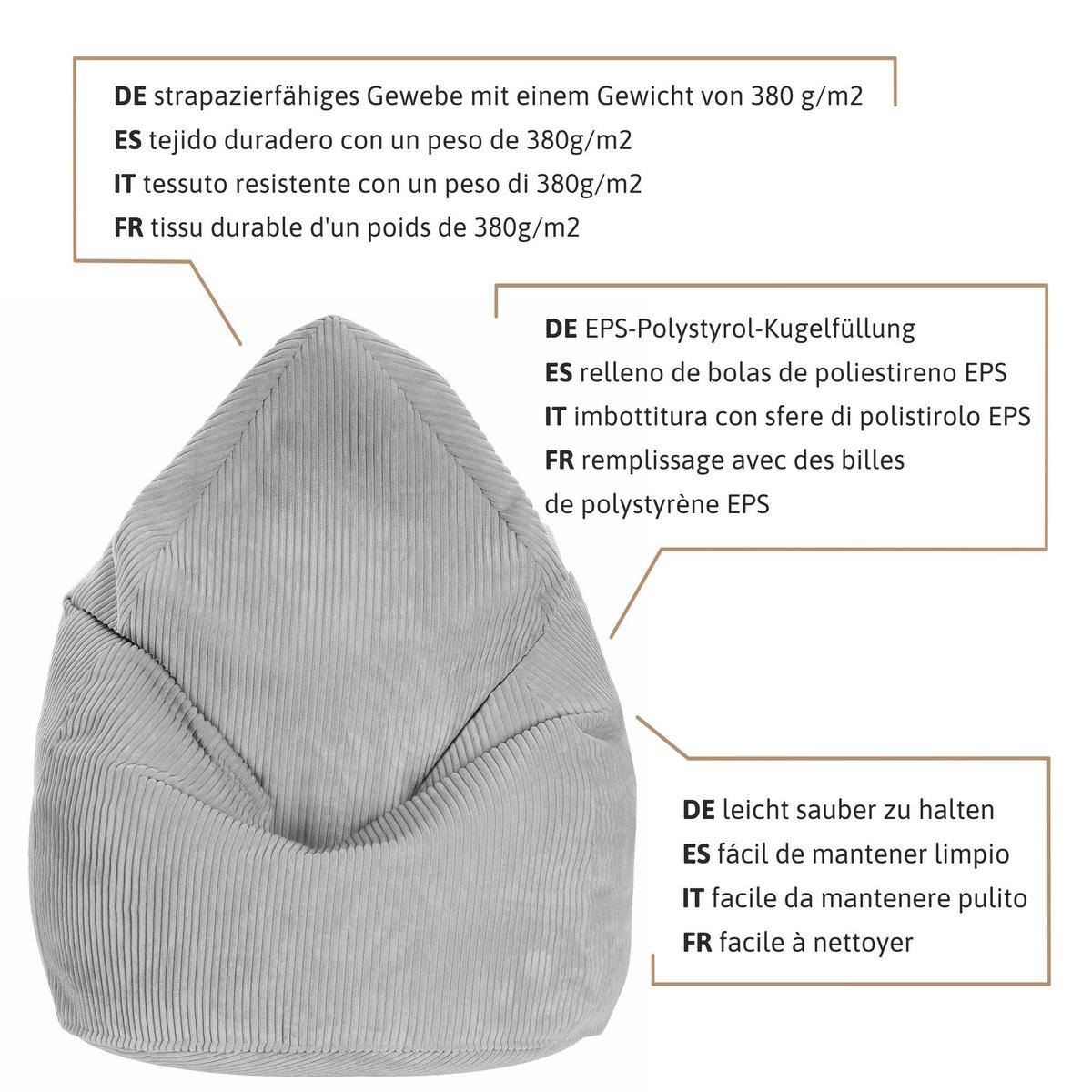SITZSACK MIT FUßSTÜTZE Kordsamt 2-tlg Cool Gray S - Hellgrau, Textil (70/105/70cm) - Dreamroots