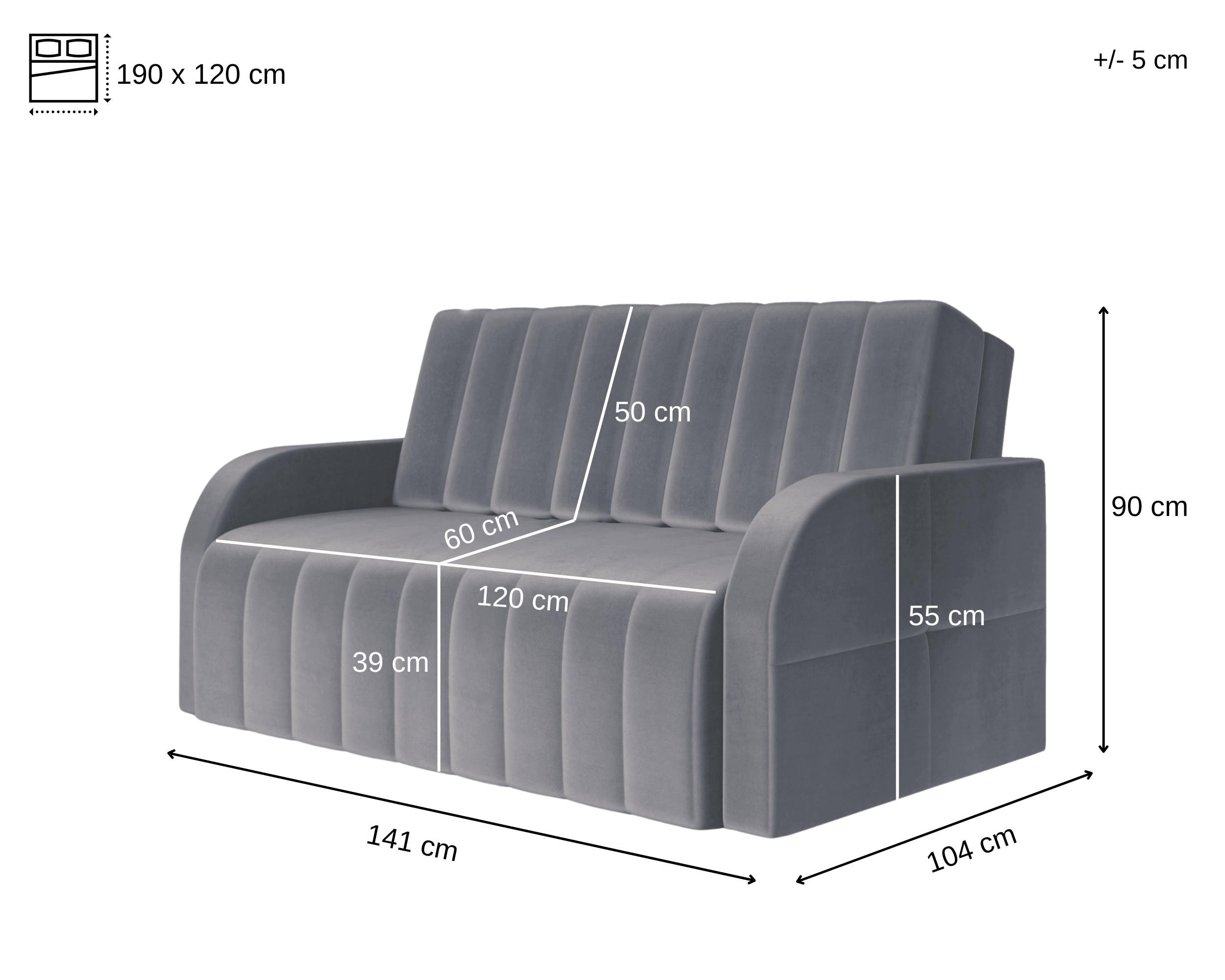 Thumbnail - Möblo Schlafsofa, Grau, Holz, 2-Sitzer, 141x90x104 cm, Wohnzimmer, Sofas & Couches, Schlafsofas