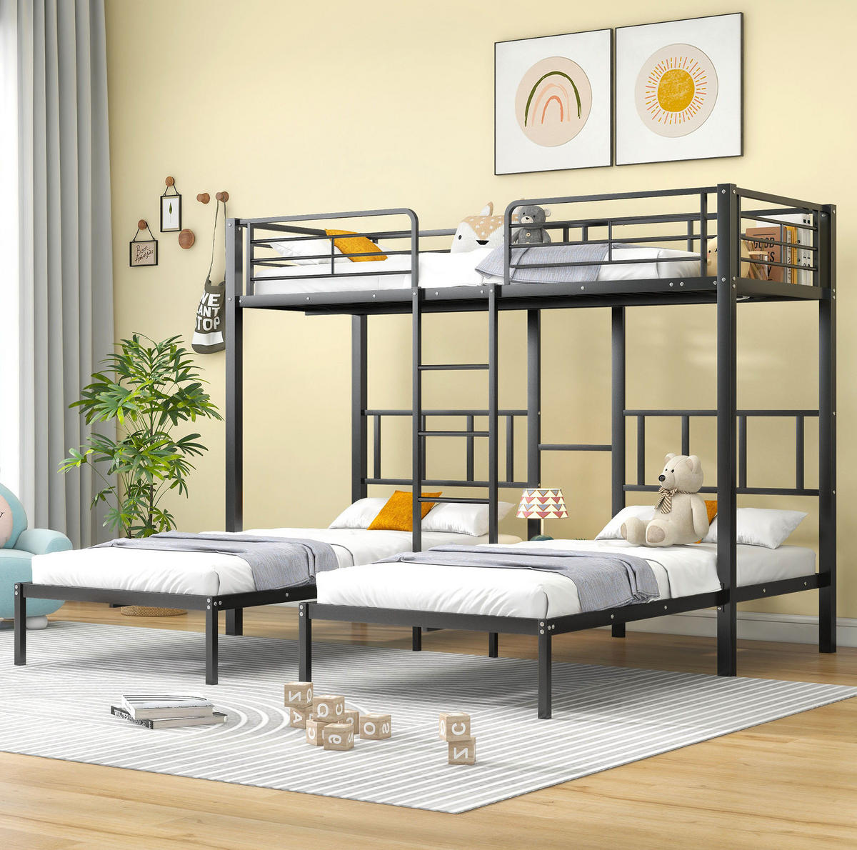 ETAGENBETT aus Metall 3x 90x200 cm Schwarz mit Leiter, Fallschutzgitter und Tisch - Schwarz, Metall (90/200cm) - IVMEU