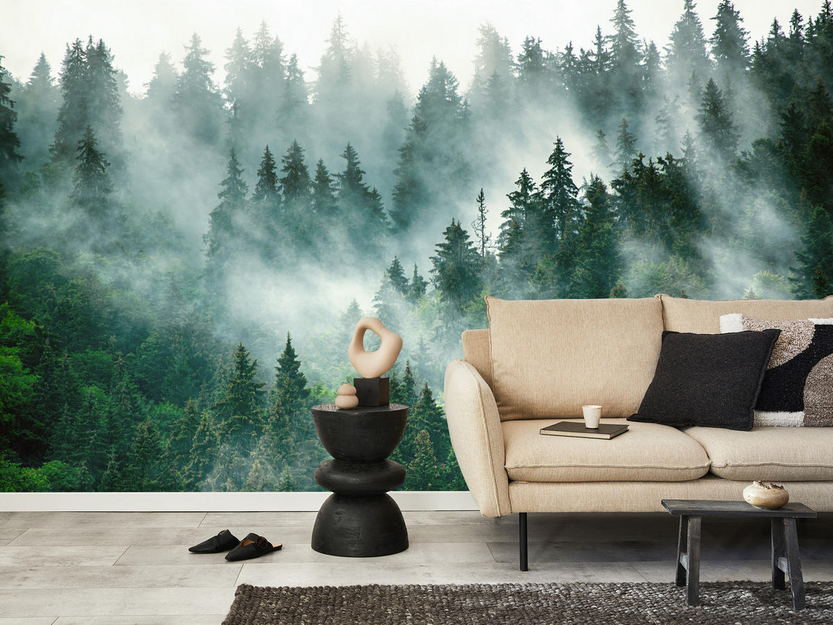 FOTOTAPETA Pre Kuchyňu Ihličnaté Stromy Hmlový Les Mystický Zelená 100 x 70 cm - sivá/zelená, papier (100/70cm) - Muralo