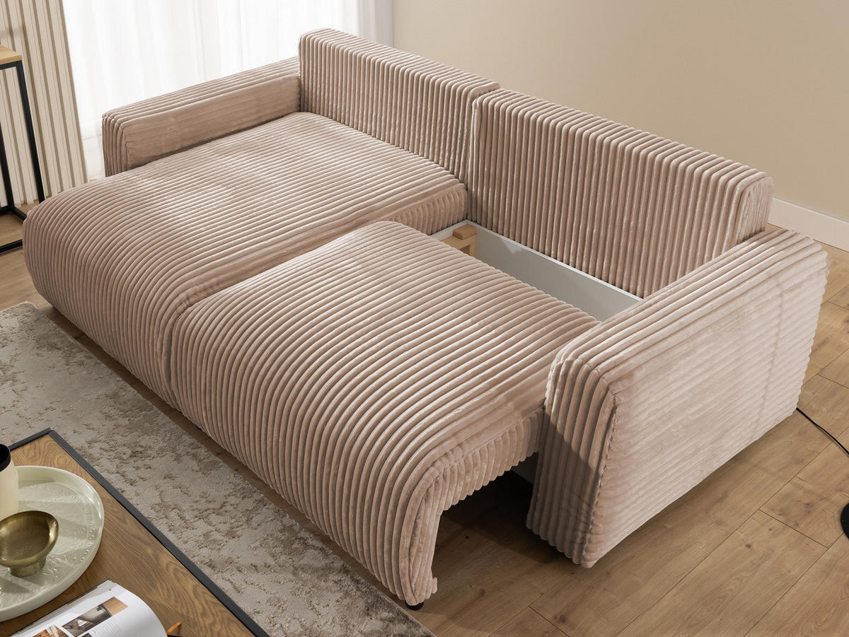 ECKSOFA Calma mit Schlaffunktion und Bettkasten im Bumpy-Design aus weichem Beige Plüschcord - Ottomane links - Beige/Schwarz, Holz/Kunststoff (239/140cm) - S-Style