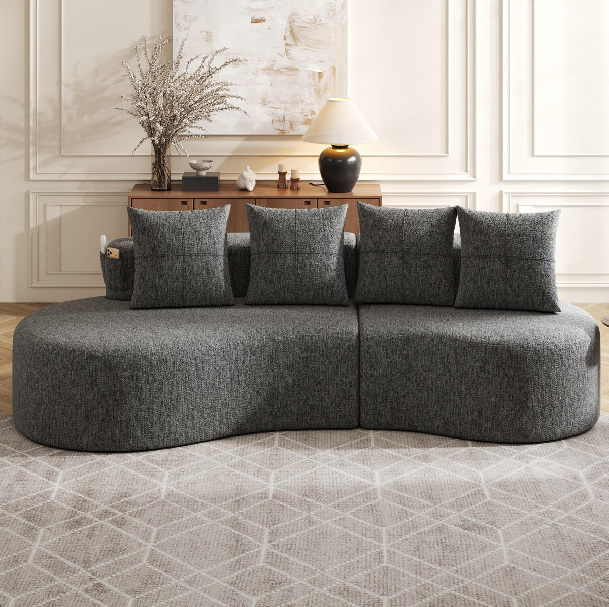 SOFA 240/109/60 cm in Dunkelgrau mit Becherhaltern und Seitentaschen - Dunkelgrau, Textil (109/63/240cm) - Flora Grace