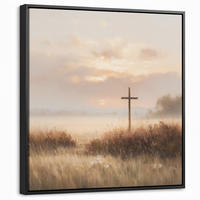 LEINWAND Bilder mit Rahmen - Gras - Morgennebel - Kreuz - Christentum - 50x50 - Beige, Textil (50/50cm) - MuchoWow