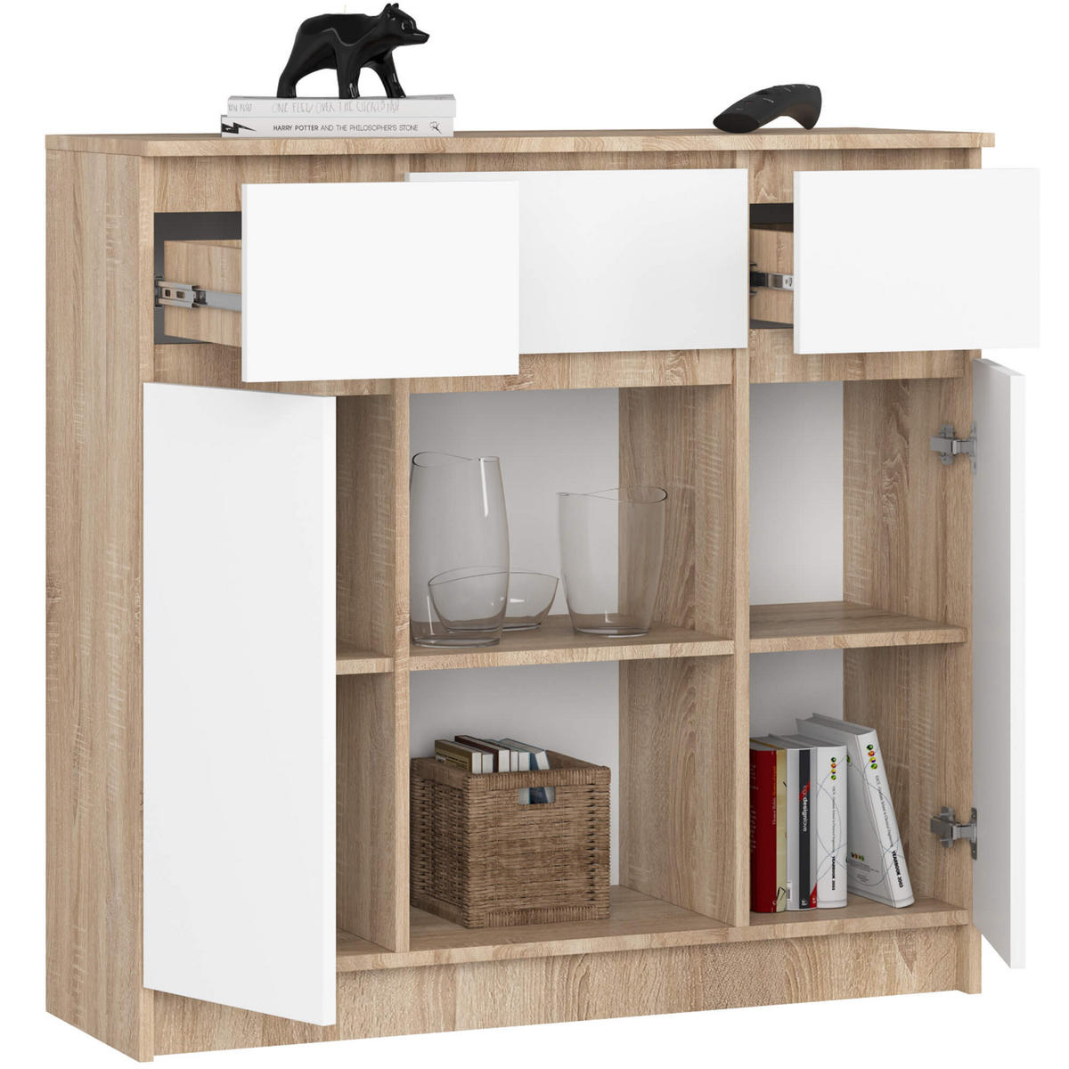 KOMMODE Sonoma Eiche, Weiß 35x101x98 cm - Weiß/Sonoma Eiche, Holzwerkstoff (101/98/35cm) - Akord