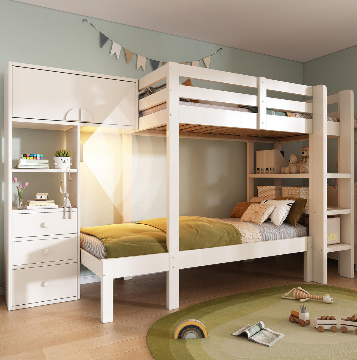 ETAGENBETT 90/200 cm Weiß mit Nachtlicht versetztem Design und Stauraum - Weiß, Metall (90/200cm) - OKWISH