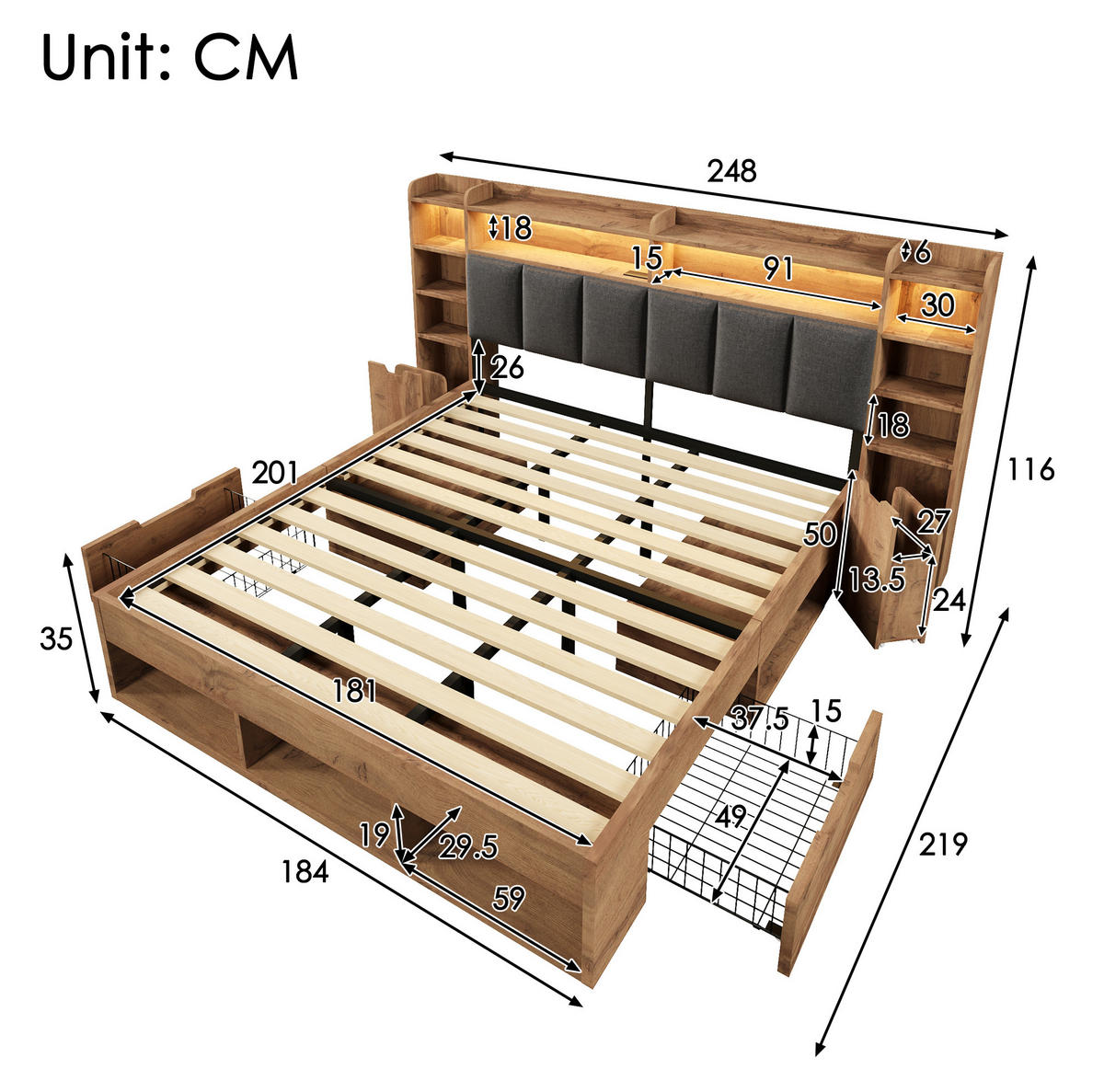 POLSTERBETT 180/200 cm Eichefarben mit LED-Beleuchtung,Anschlüssen, Stauraum und Rollschubladen - Naturfarben, Holz (180/200cm) - OKMYHOME