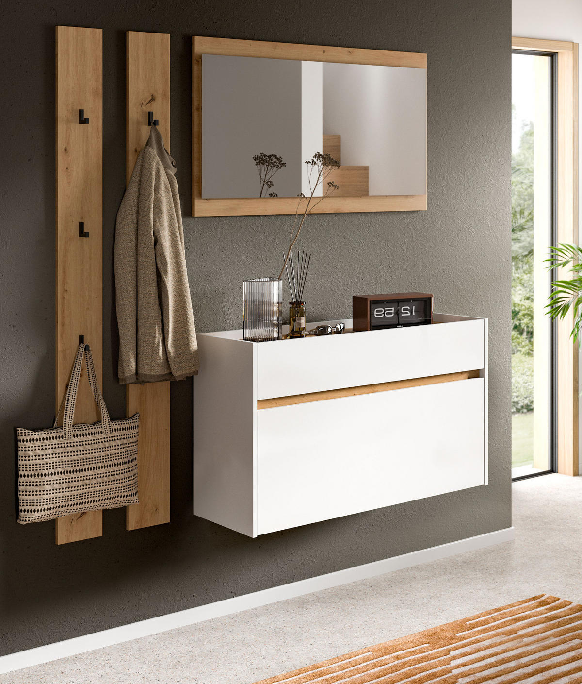 GARDEROBE-SET weiß und Artisan Eiche, Garderobe 4-teilig, 172 x 197 cm - Weiß/Eiche Artisan, Holzwerkstoff (172/197/32cm) - Inn.Furn