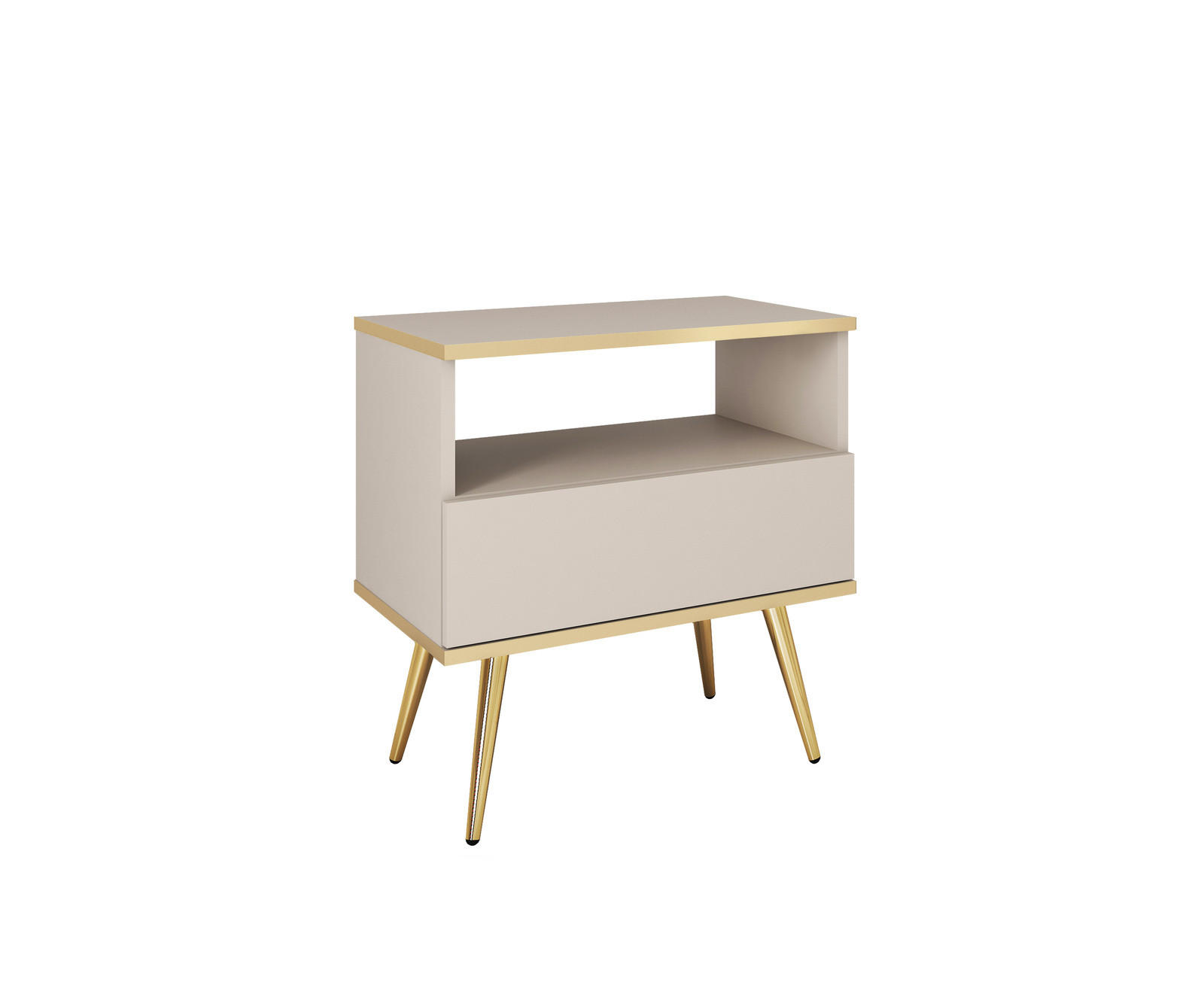 NACHTTISCH FORNO (Beige, Goldene Details, 1 Schublade, offenes Fach, goldene Metallfüße) - Gelb/Beige, Holz/Holzwerkstoff (54/59/39cm) - Ravio