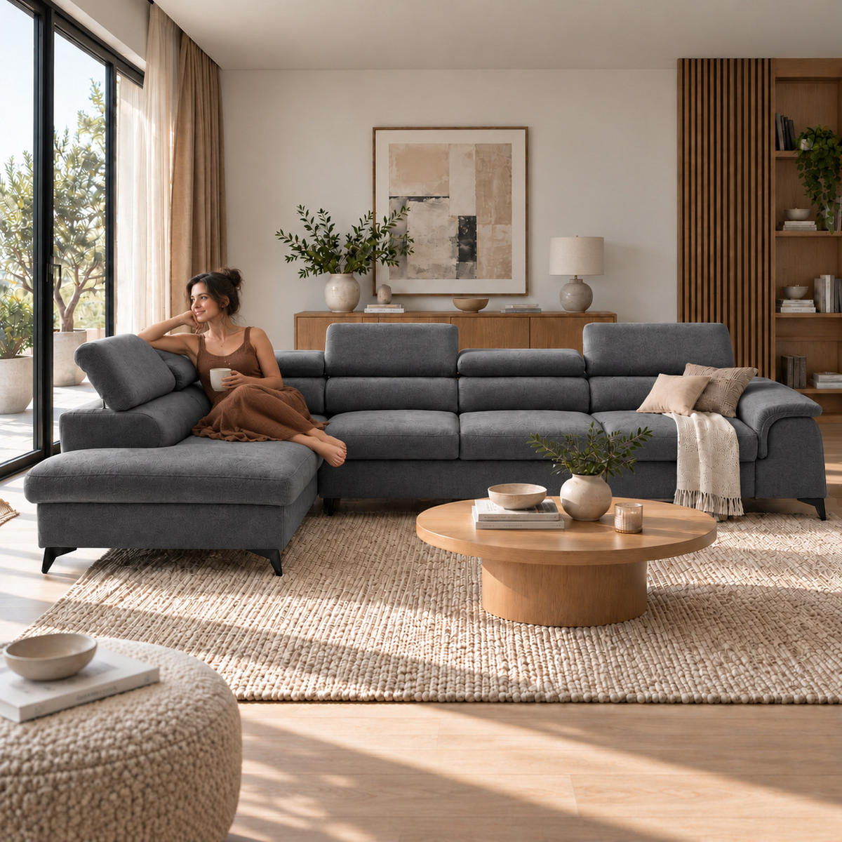 ECKSOFA PLAZA MAXI Links mit Schlaffunktion 127x195 Velours Dunkelgrau - Dunkelgrau/Schwarz, Holz/Textil (350/203cm) - Muffo