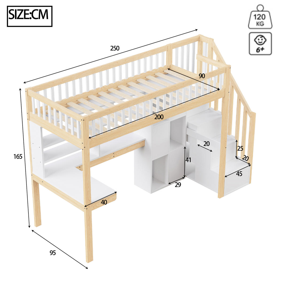 HOCHBETT 90x200cm Weiß + Natur LED-Licht Ablageleiter Schreibtisch - Multicolor, Holz (90/200cm) - FLIEKS