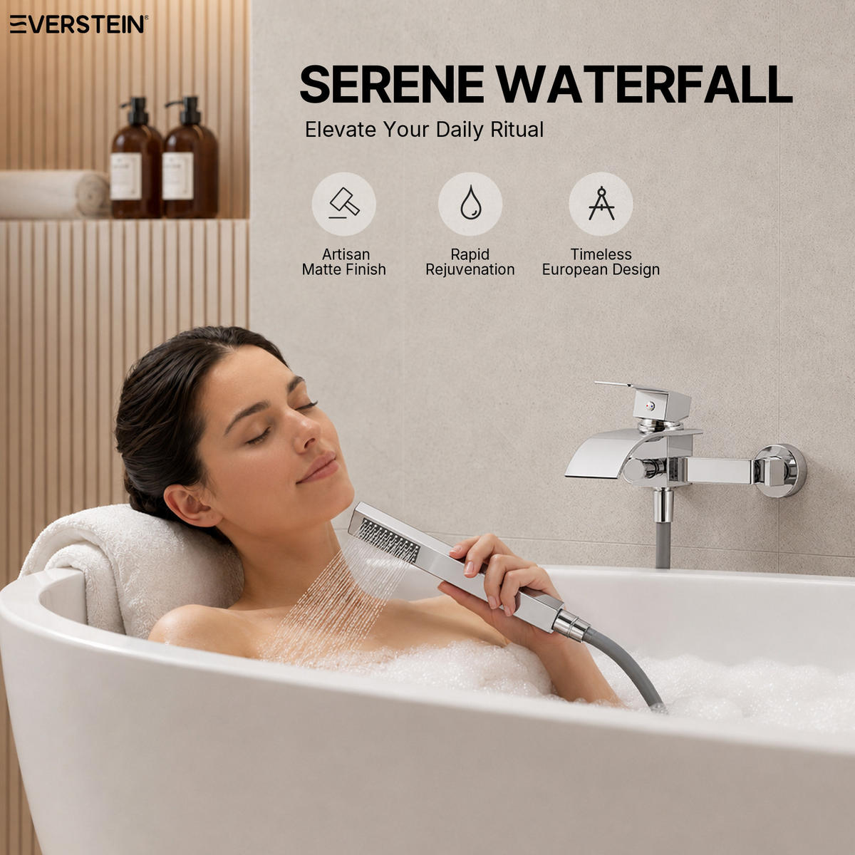 BADEWANNENARMATUR SFS-5005 Chrom, Aufputz mit Wasserfallauslauf 200 mm Handbrause 1500 mm Einhebel 150 mm Stichmaß - Chromfarben, Metall (6/20/23cm) - Everstein