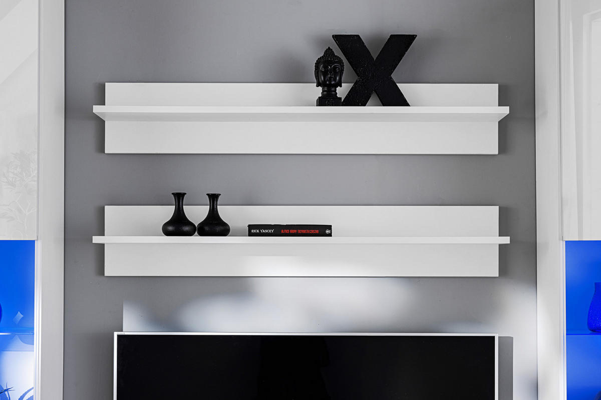 WOHNZIMMERSET VARALLO, 6er-Set, Weiß, Front Hochglanz Weiß , LED Mehrfarbige - Schwarz/Weiß, Glas/Holzwerkstoff (200/190/45cm) - Komodee