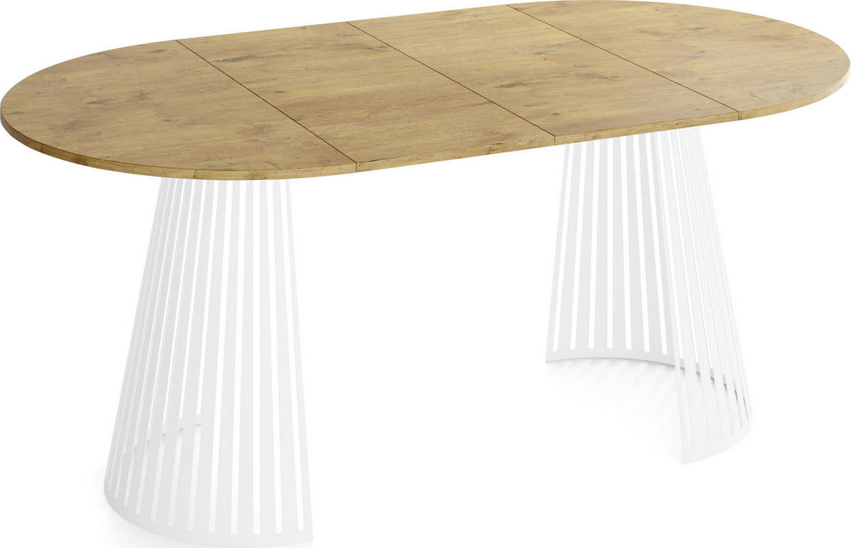 ESSTISCH Naro rund ausziehbar mit Weißem Lamellen-Metallgestell, Braun 120-200/120/76 cm - Eichefarben/Braun, Holzwerkstoff/Metall (120/196/76cm) - WFL GROUP