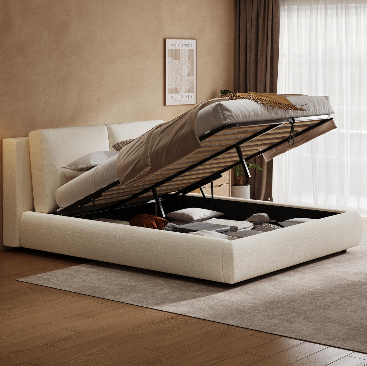 POLSTERBETT 180/200 cm mit Lattenrost, hydraulischem Stauraum und Bouclé-Bezug, Beige - Beige, Textil (180/200cm) - Redom