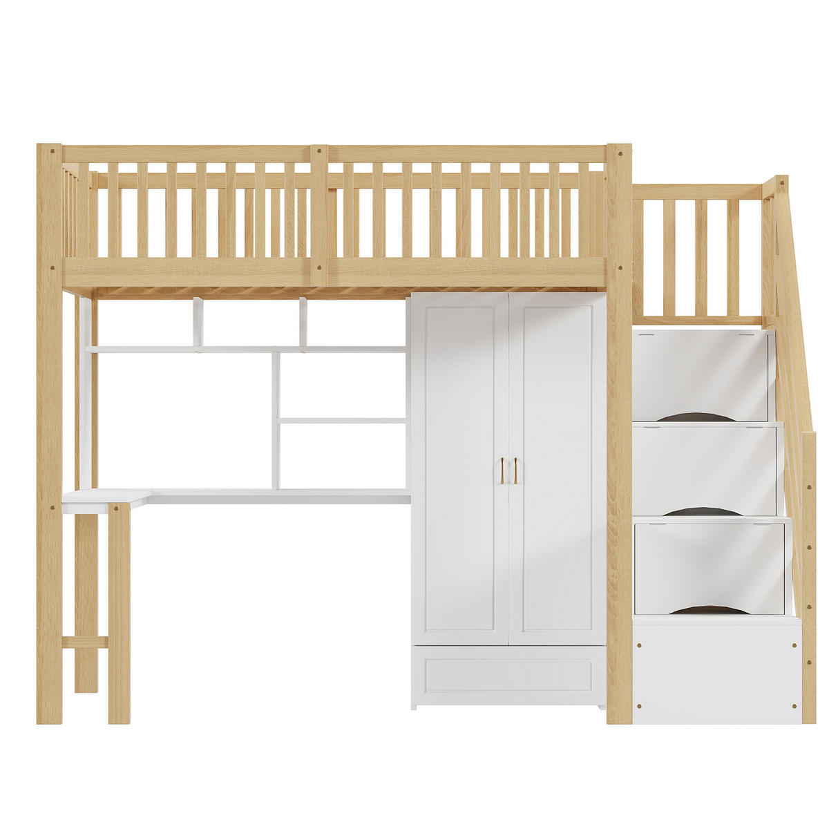 HOCHBETT 90x200 cm Weiß/Naturholz mit Kleiderschrank, Tisch, Regal und Treppe mit Schubladen - Naturfarben, Holzwerkstoff (90/200cm) - Modfu