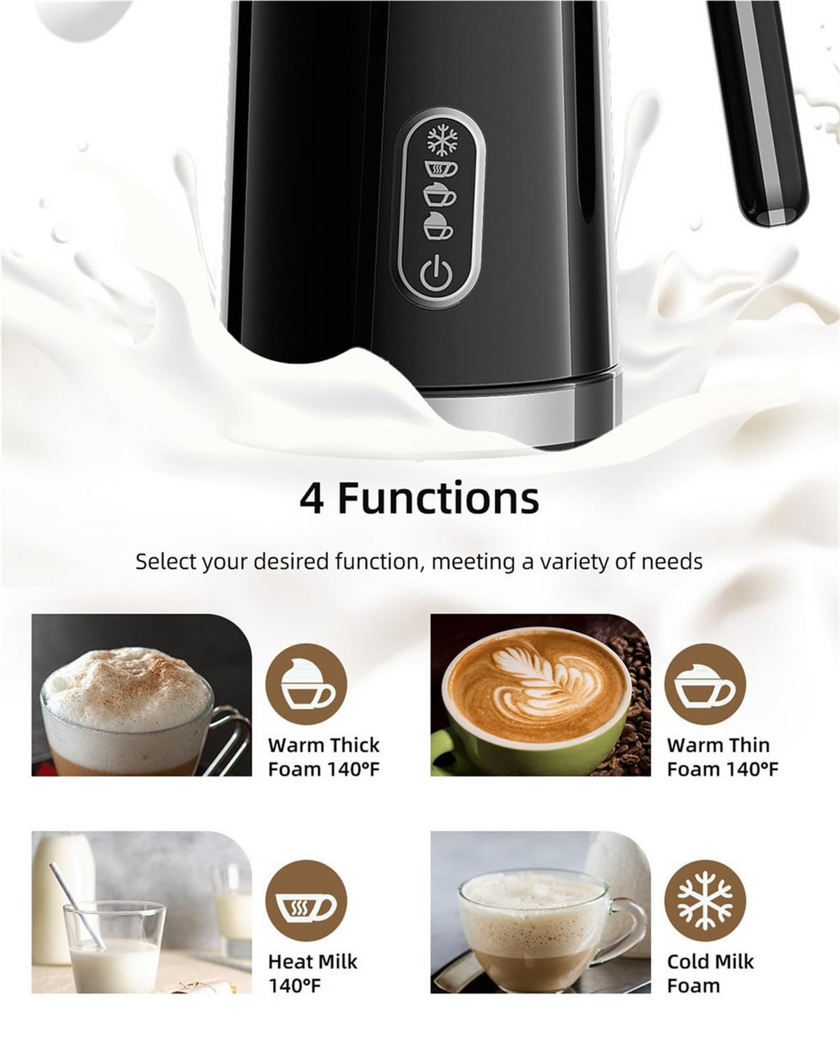 MILCHSCHÄUMER 4IN1 Elektrisch Heiß Kalt Latte Cappuccino 300ml - Schwarz, Metall - Bextcok