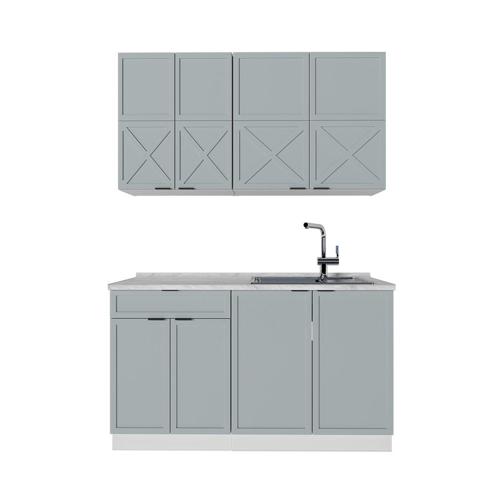 SINGLEKÜCHE Fame-Line Hellblau-grau/Weiß 140 cm, AP Marmor - Blaugrau/Weiß, Holzwerkstoff (140/81.6/60cm) - Vicco