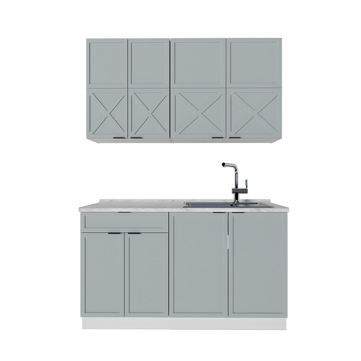 SINGLEKÜCHE Fame-Line Hellblau-grau/Weiß 140 cm, AP Marmor - Blaugrau/Weiß, Holzwerkstoff (140/81.6/60cm) - Vicco