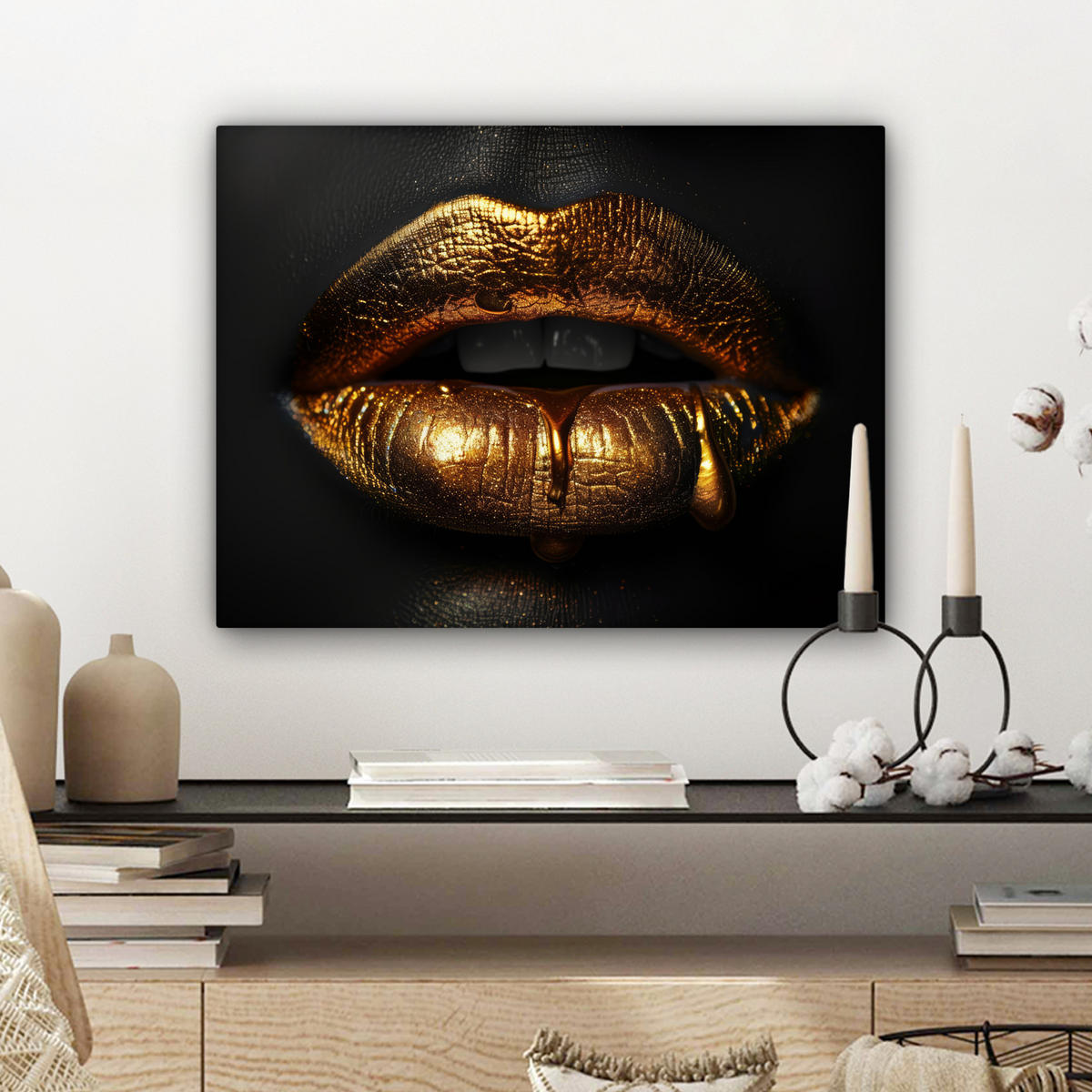 LEINWANDBILD Frau - Porträt - Lippen - Gold - Schwarz Wandbild 40x30 cm - Schwarz, Textil (40/30cm) - MuchoWow