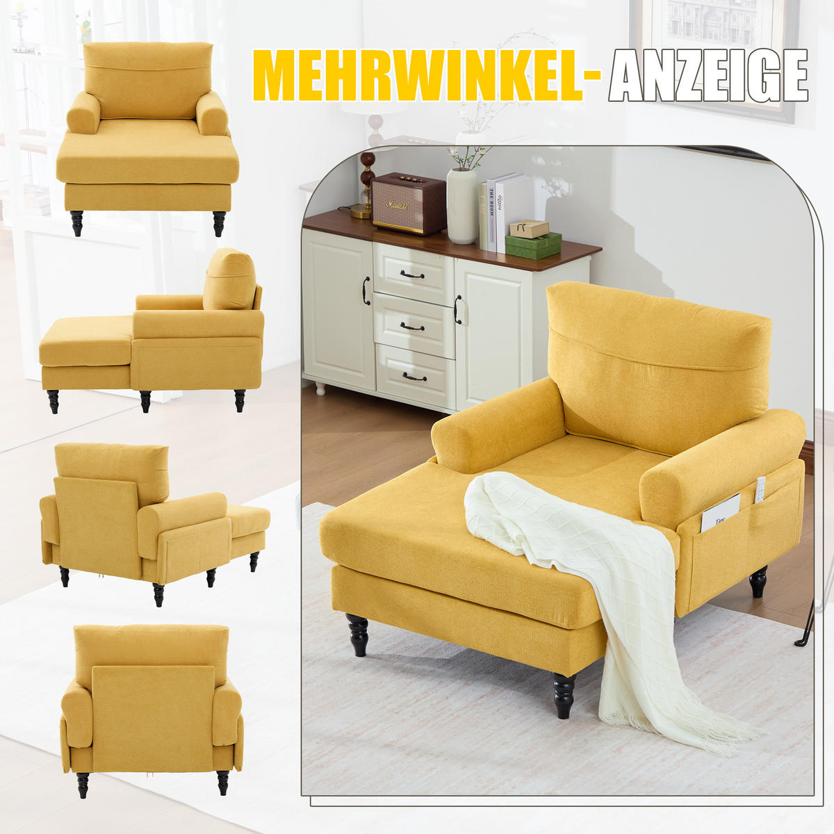 SOFA Chenille Senfgelb mit Stauraum - Gelb, Holz/Holzwerkstoff (97/86/125.5cm) - WISHDOR