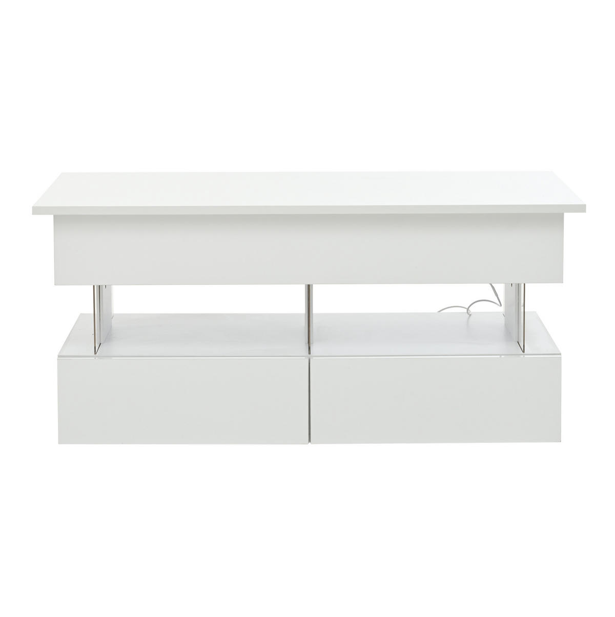 COUCHTISCH aus MDF und Acryl 100x50x46 cm Weiß mit hydraulischer Hubfunktion, 2 Schubladen, LED und verstecktem Stauraum - Weiß, Holzwerkstoff (120/50/46cm) - Modfu