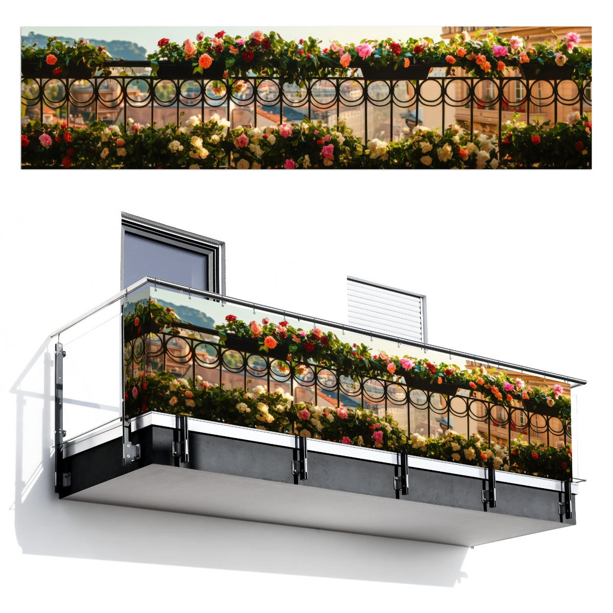 BALKON-SICHTSCHUTZ Blumen - Zaun - Stadtbild - Sommer - Pink, Kunststoff (500/130cm) - MuchoWow