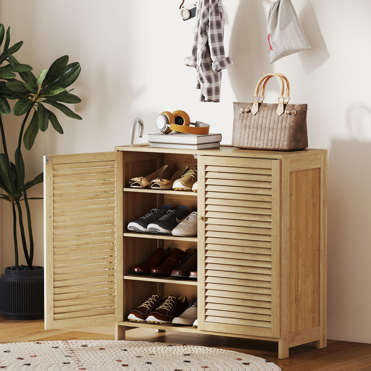 SCHUHSCHRANK,BAMBUS Lamellentüren für 14 Paar,natur - Beige, Holzwerkstoff (80/80/35cm) - Vallsero