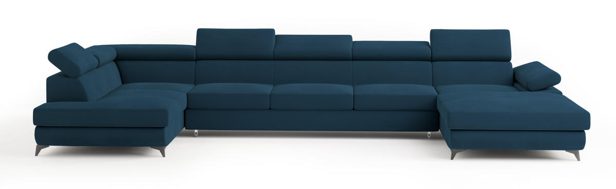 WOHNLANDSCHAFT MONTIVA Blau Velours-Stoff mit Schlaffunktion - Blau, Holz (410/89/190cm) - MASSENO