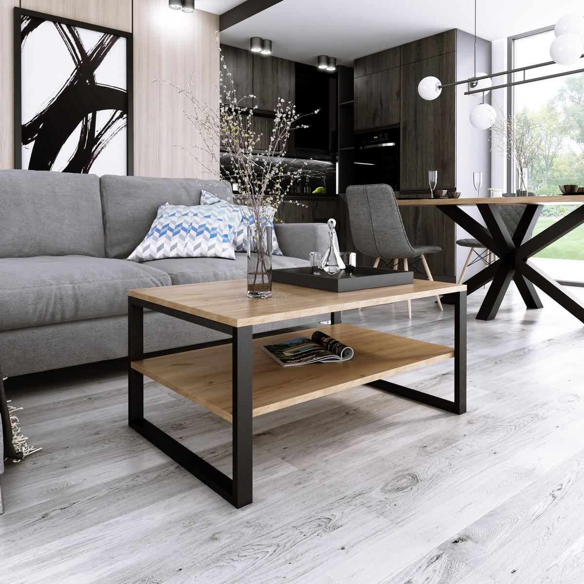 COUCHTISCH Basic rechteckig Goldene Eiche mit Metallbeinen - Eichefarben, Metall (90/60/47cm) - Design Möbel