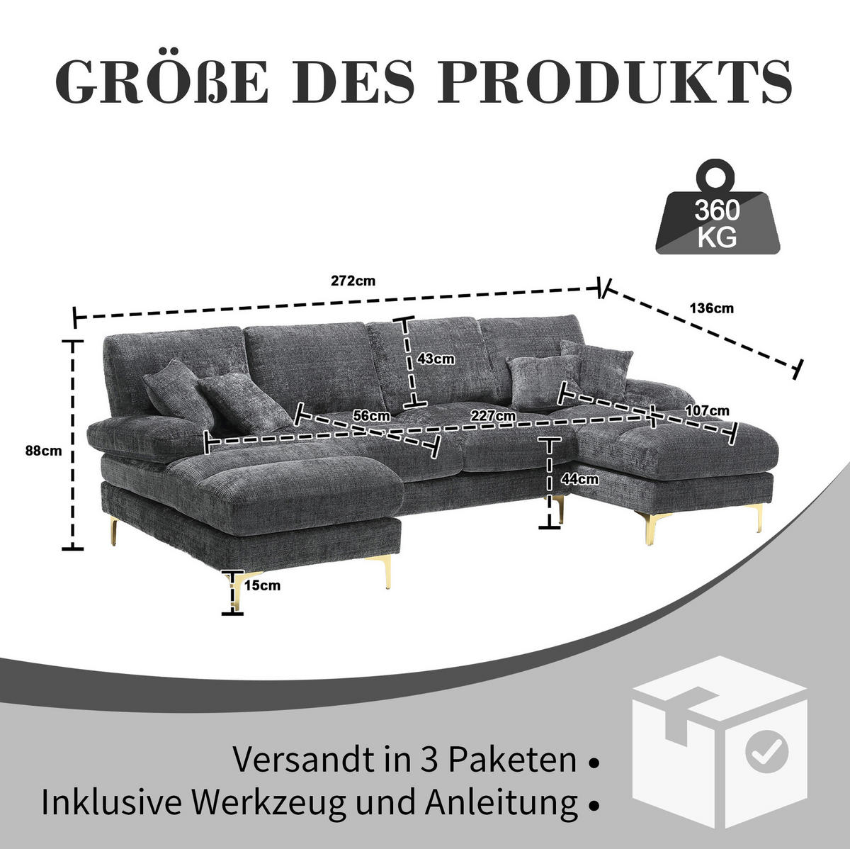 SEDACIA zostava zo ženilky, 272/136/88 cm sivá, tvar U s 2 leňoškami - sivá, textil (136/88/272cm) - BEAOK