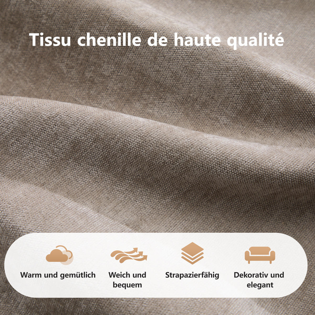 SOFA 204/95/76 cm in Taupe aus Chenille, rahmenlos und flexibel - Taupe, Textil (95/76/204cm) - Flora Grace