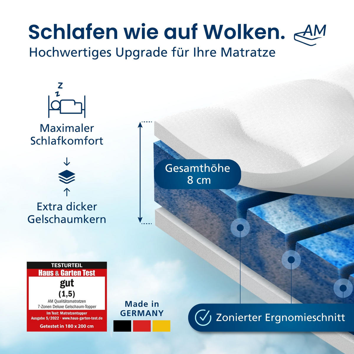 GELSCHAUM TOPPER 7-Zonen 100/220 cm - 8cm Höhe & Tencel Bezug - Weiß, Textil (100/220cm) - AM Qualitätsmatratzen