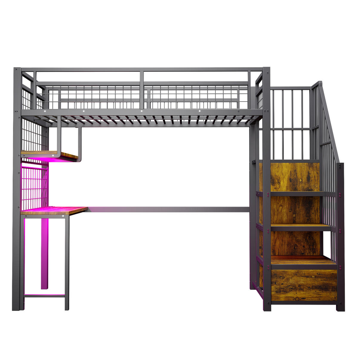 HOCHBETT aus Metall 90x200 cm Schwarz mit Schreibtisch, Lichtleiste, Steckdosen, Stauraumtreppe und Kleiderschrank - Schwarz, Metall (90/190cm) - Modfu
