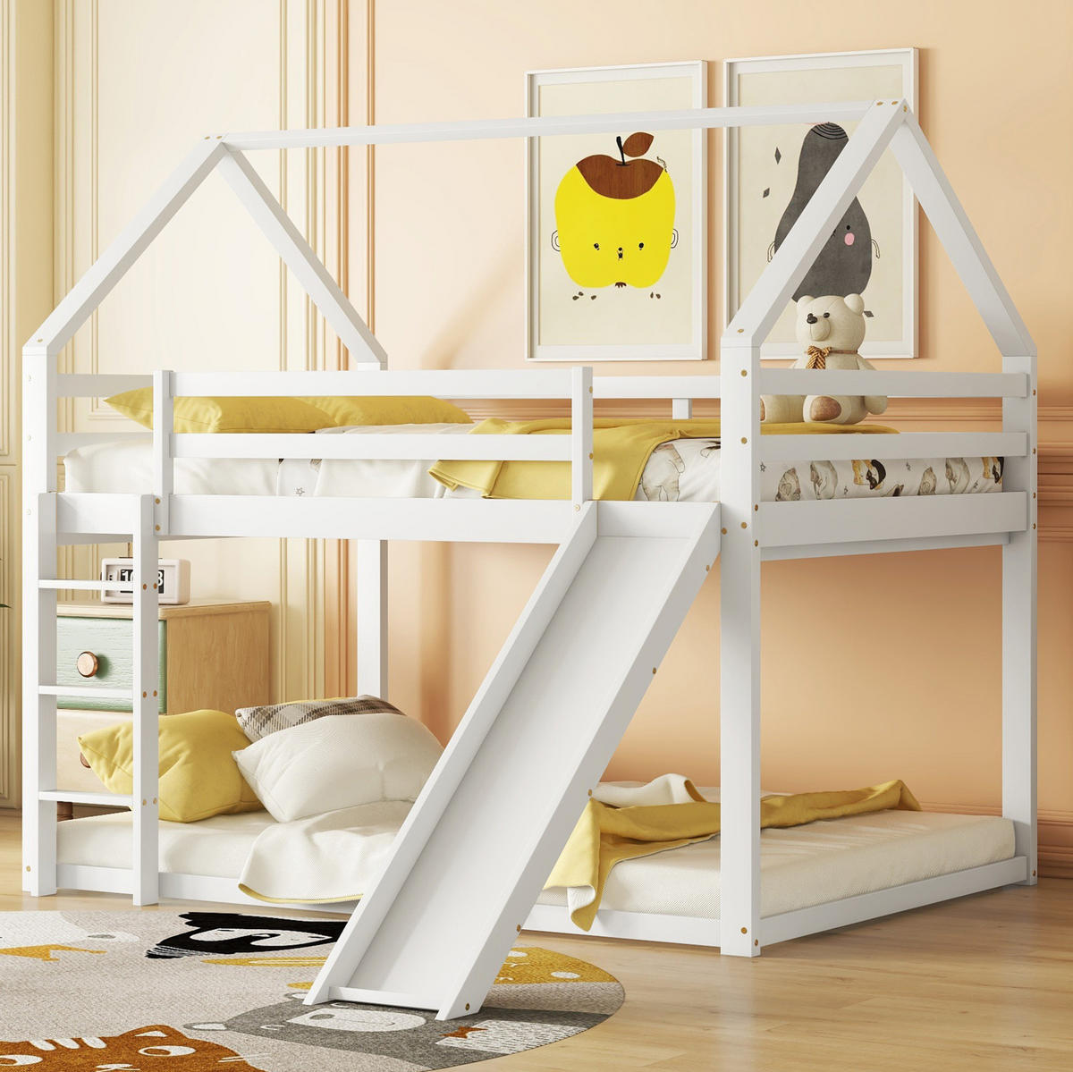ETAGENBETT Hausbett mit Rutsche und Leiter, Weiß, 140/200 cm - Weiß, Holz (140/200cm) - MIVRAY